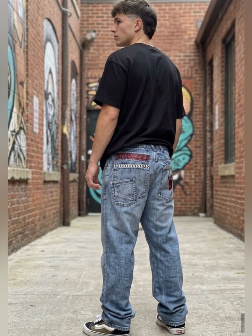 Vtg Y2K MISKEEN Original Men's Embroidered Relaxed Jeans Skull Grunge Halloween